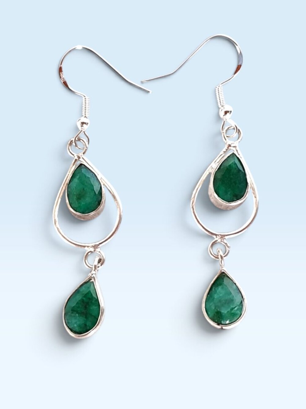 Bohemian Handcrafted Raw Natural Emerald Silver-Tone Dangle Earrings